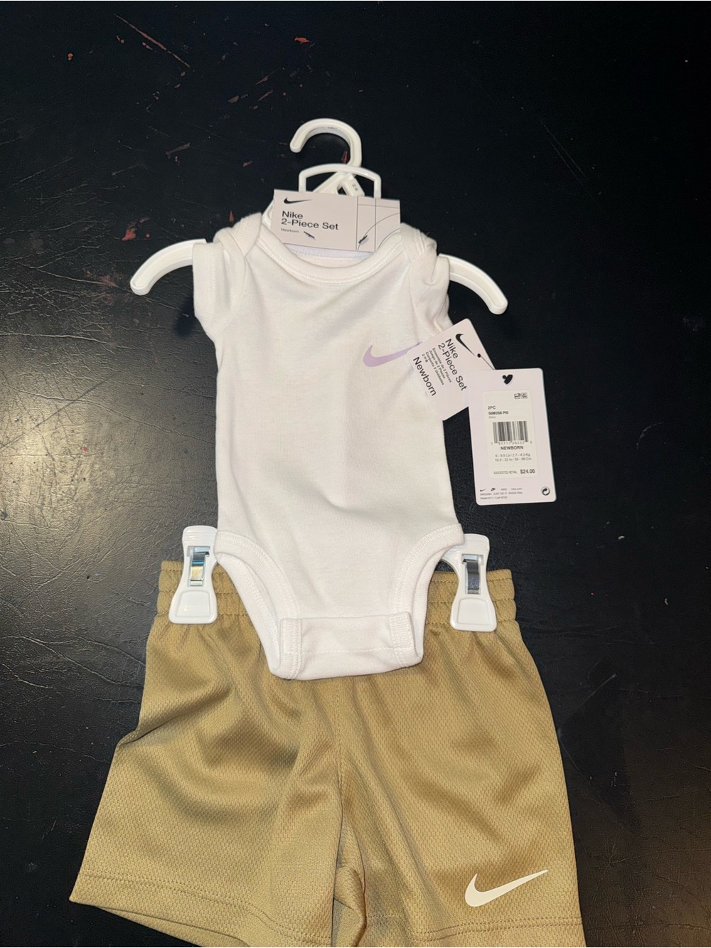 Nike White Bodysuit with Lavender Swoosh & Tan Shorts